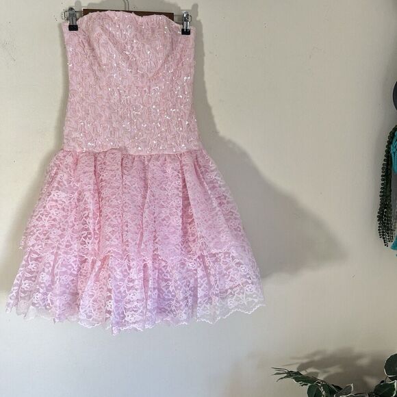 Vintage Lauralie Womens Dress Size 8 Pink Lace Tiered Sequins Barbie Core Tulle - Picture 6 of 6